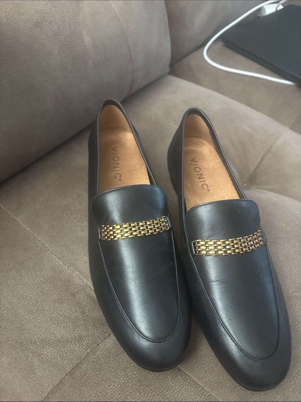 Vionic Black Leather Slip-On Loafers with Gold Chain Accent